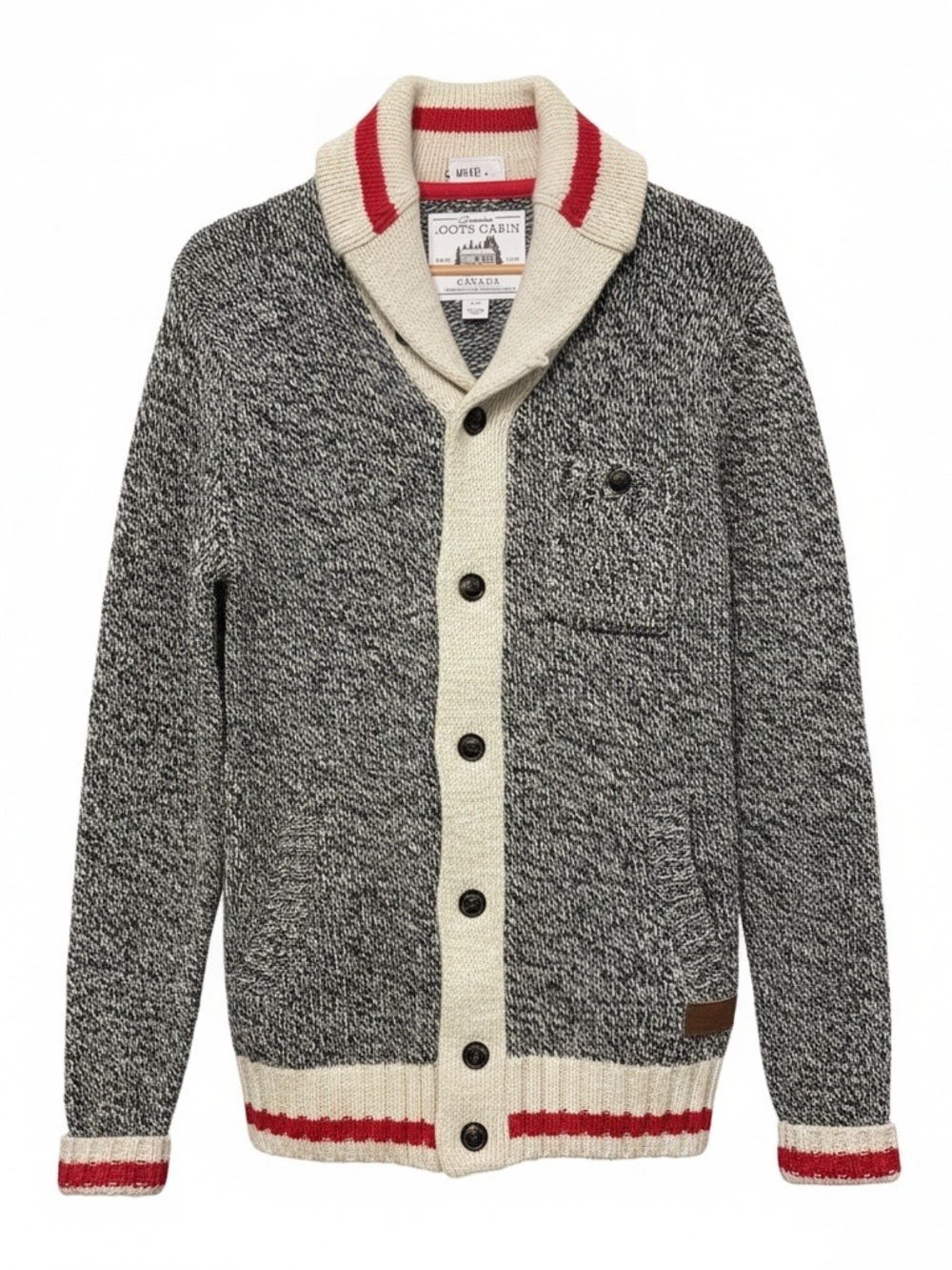 Roots Gray Shawl Collar Cardigan with Cream Trim and Red Stripes